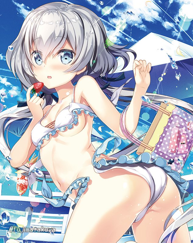 ass bag blue_eyes blush breasts chair cloud commentary_request food fruit fujima_takuya konno_junko long_hair looking_at_viewer low_twintails navel parasol short_hair silver_hair sky small_breasts strawberry swimsuit table twintails twitter_username umbrella water zombie_land_saga