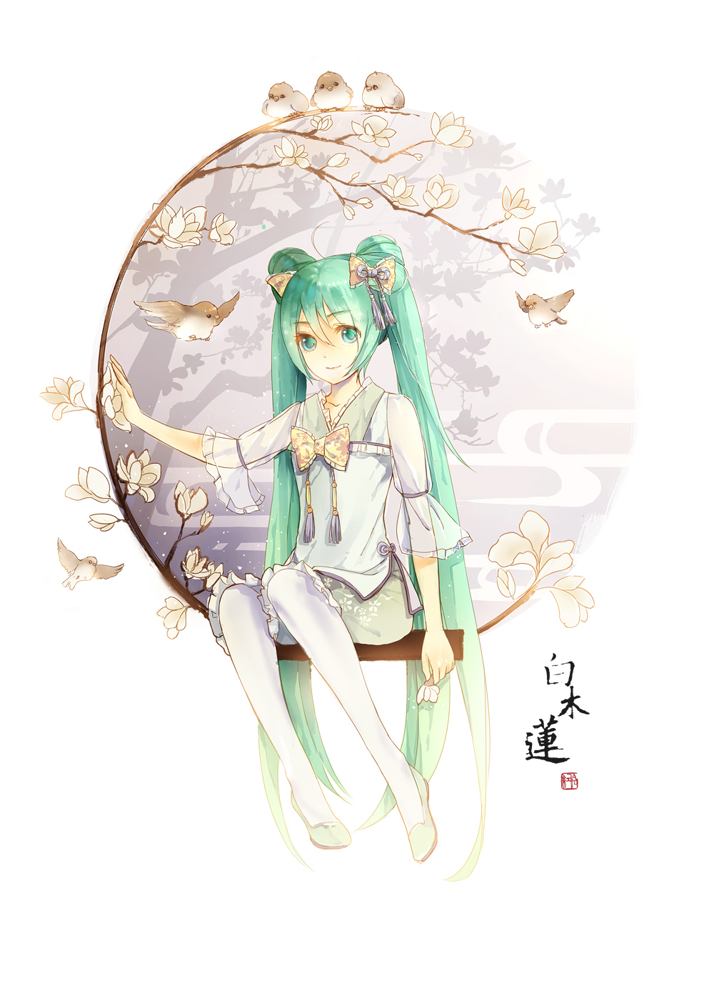 bird commentary_request double_bun flower green_eyes green_hair hatsune_miku highres long_hair pantyhose shuiyituzi sitting solo tree twintails very_long_hair vocaloid