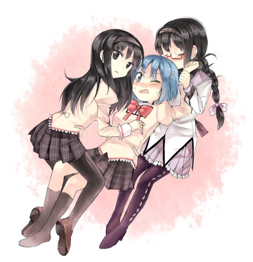 akemi_homura argyle argyle_legwear bad_id bad_pixiv_id black_hair blue_eyes blue_hair blush braid clone closed_eyes dddoochi1 dual_persona girl_sandwich glasses hair_ornament hairband hairclip long_hair magical_girl mahou_shoujo_madoka_magica miki_sayaka multiple_girls one_eye_closed pantyhose purple_eyes red-framed_eyewear sandwiched school_uniform short_hair time_paradox twin_braids wrist_grab yuri