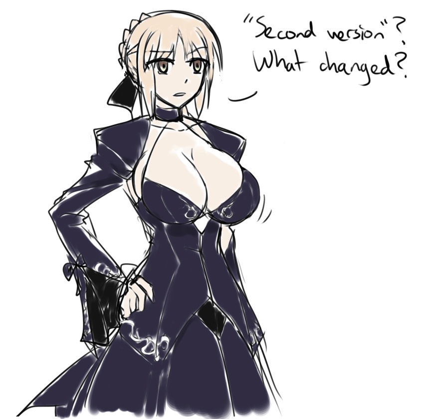 alternate_breast_size artoria_pendragon_(all) bangs blonde_hair braid breast_expansion breasts bursting_breasts cleavage cleavage_cutout colorfag colorized crown_braid detached_sleeves dress english fate/stay_night fate_(series) flat_color french_braid hair_ribbon hand_on_hip long_sleeves matsu-sensei raised_eyebrow ribbon saber_alter simple_background sketch solo standing white_background wide_sleeves yellow_eyes