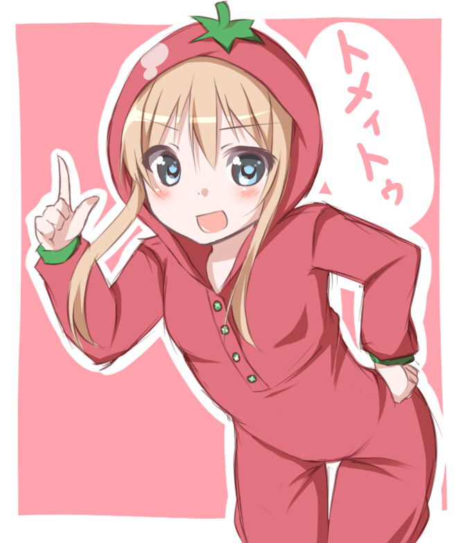 :d blonde_hair blue_eyes buttons hand_on_hip index_finger_raised kou89 leaning_forward looking_at_viewer open_mouth pajamas red_background smile solo tomato_costume toshinou_kyouko yuru_yuri