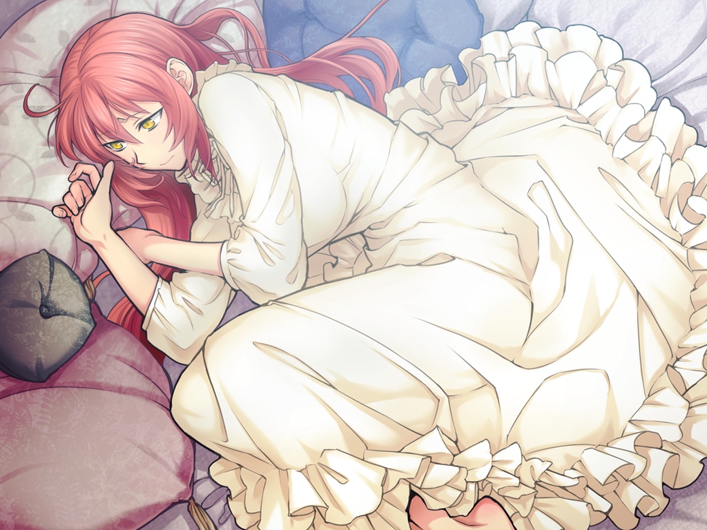 1girl bed female game_cg liarsoft long_hair ourai_no_gahkthun pillow pink_hair solo steampunk_(liarsoft)