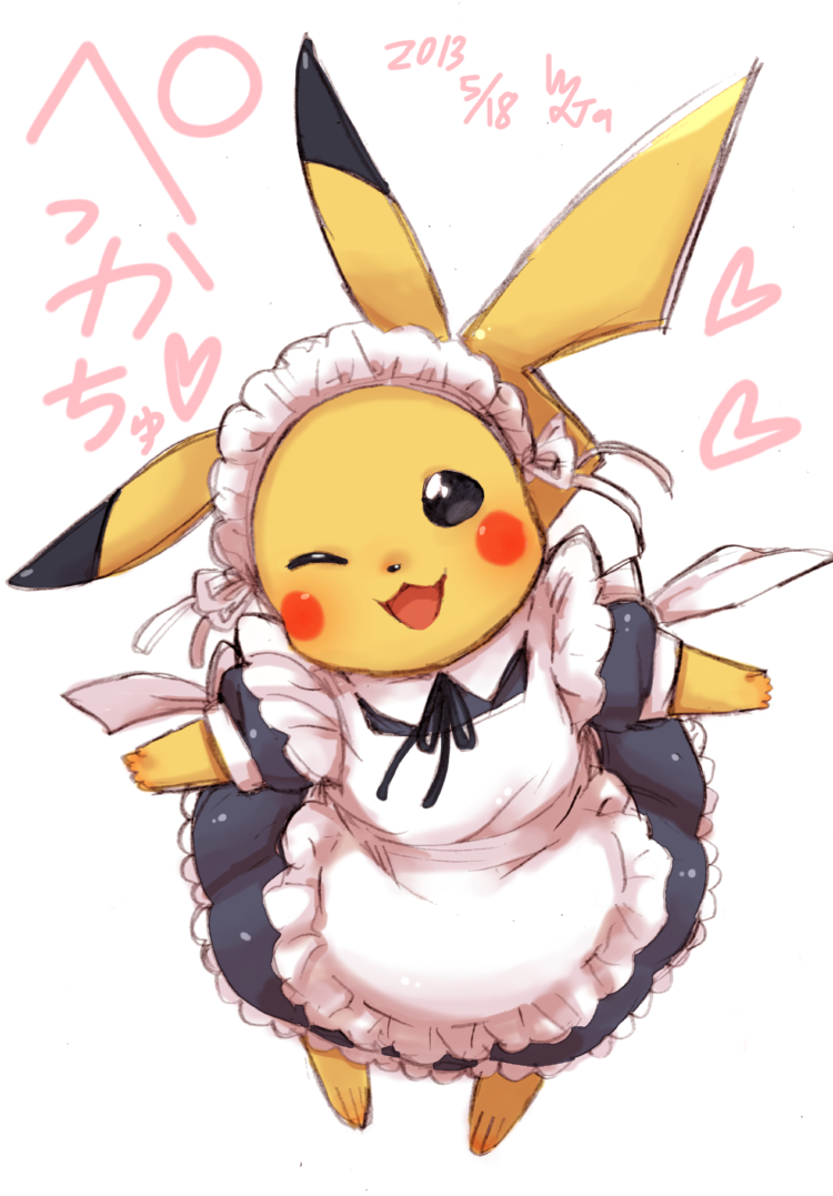 ;d alternate_costume apron clothed_pokemon cosplay creature dress enmaided gen_1_pokemon maid maid_headdress no_humans one_eye_closed open_mouth pikachu pokemon pokemon_(creature) smile yanagida_fumita