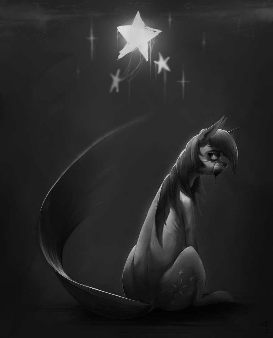 back_turned black_and_white blood cutie_mark dripping_blood equine female feral friendship_is_magic grimdark hair horn horse looking_back mammal mask medical_mask monochrome my_little_pony plain_background pony qsteel sitting solo star stars twilight_sparkle_(mlp) unicorn
