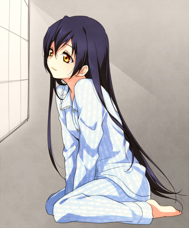 barefoot blue_hair blush brown_eyes indoors jyuru long_hair love_live! love_live!_school_idol_project open_mouth pajamas sitting smile solo sonoda_umi wariza window