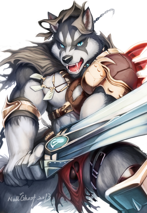 anthro armor barbarian belt biceps black_fur blue_eyes bulge canine chest clothing dog fangs fighting_stance fur husky loincloth looking_at_viewer male mammal muscles necklace null-ghost open_mouth paws pecs plain_background pose presenting solo standing sword teeth thong tongue topless torn_clothing underwear warrior weapon white_fur