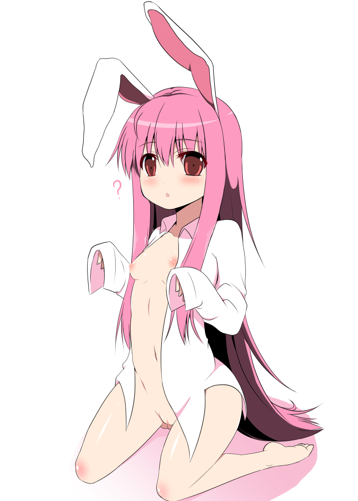 :o ? animal_ears barefoot bottomless breasts bunny_ears dress_shirt knee_blush kneeling long_hair naked_shirt navel nipples no_bra open_clothes open_shirt pink_hair pussy red_eyes reisen_udongein_inaba shirt simple_background sleeves_past_wrists small_breasts solo takeyuu touhou uncensored very_long_hair white_background