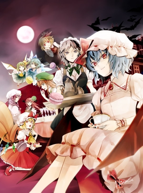 apron ascot banned_artist bat bat_wings black_dress blonde_hair blue_dress blue_eyes blue_hair braid brooch cake capelet chair cirno cookie cup daiyousei darkness dress eating everyone fairy_wings flandre_scarlet flying food green_hair grey_eyes hair_ribbon hat head_wings hino_mamori hong_meiling ice ice_wings izayoi_sakuya jewelry koakuma looking_at_viewer maid maid_headdress multiple_girls necktie open_mouth patchouli_knowledge pink_dress purple_hair red_dress red_eyes red_hair remilia_scarlet ribbon rumia scarlet_devil_mansion silver_hair smile star table teacup the_embodiment_of_scarlet_devil touhou tray twin_braids waist_apron wings wrist_cuffs