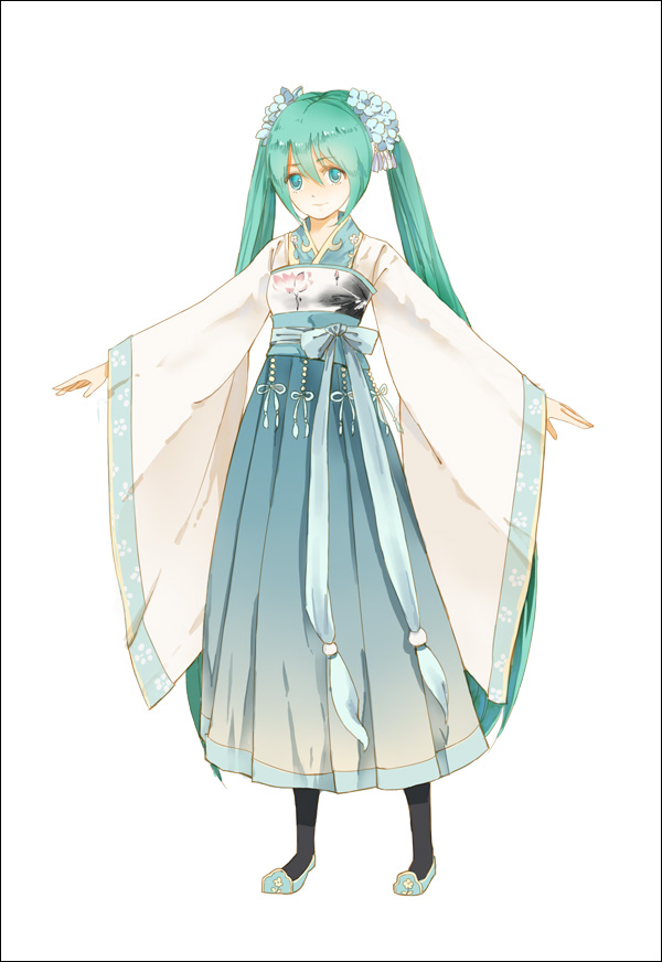 chinese_clothes flats flower full_body green_eyes green_hair hair_flower hair_ornament hanfu hatsune_miku long_hair long_sleeves pantyhose sash shuiyituzi skirt solo twintails very_long_hair vocaloid white_background wide_sleeves