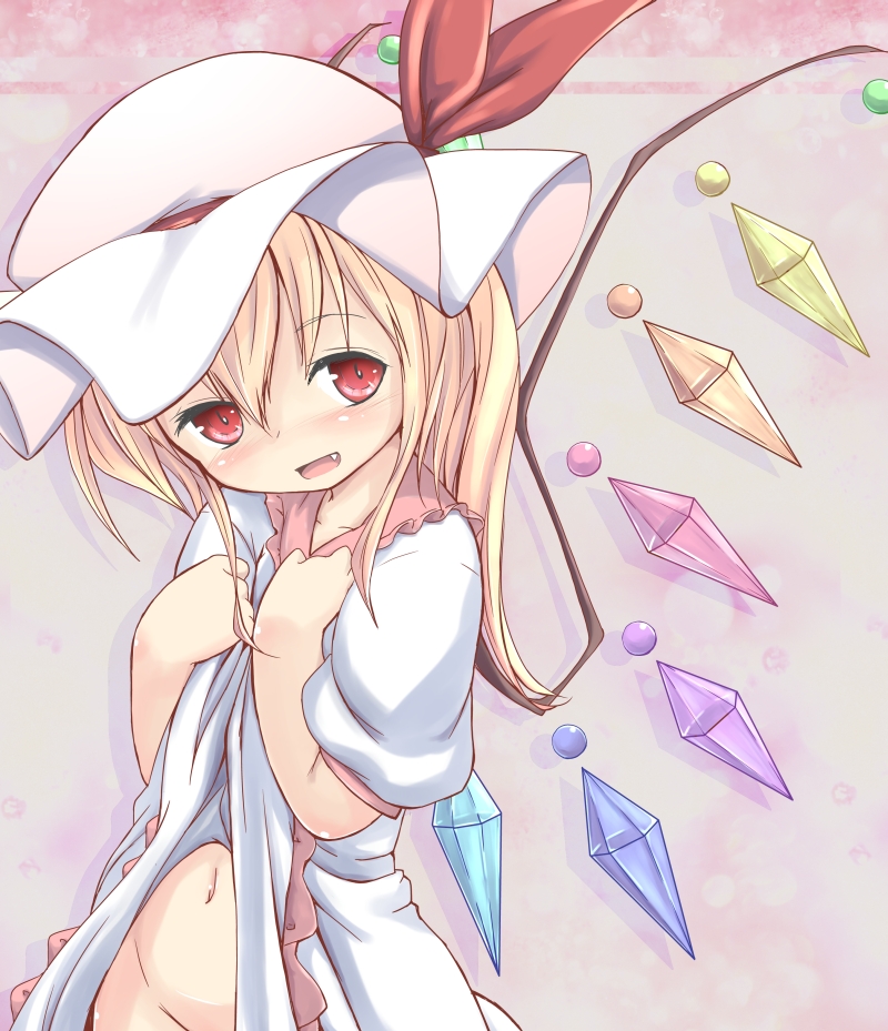 blonde_hair blush dress dress_lift fang flandre_scarlet hat hat_ribbon looking_at_viewer midriff navel no_panties open_mouth puffy_sleeves red_eyes ribbon sakuna short_sleeves solo touhou white_dress wings