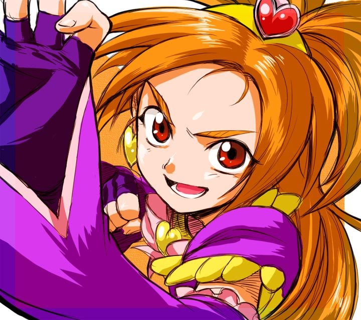 aoba_(smartbeat) clenched_hand cure_bloom face fighting_stance fingerless_gloves foreshortening futari_wa_precure_splash_star gloves hyuuga_saki orange_hair precure red_eyes simple_background solo white_background