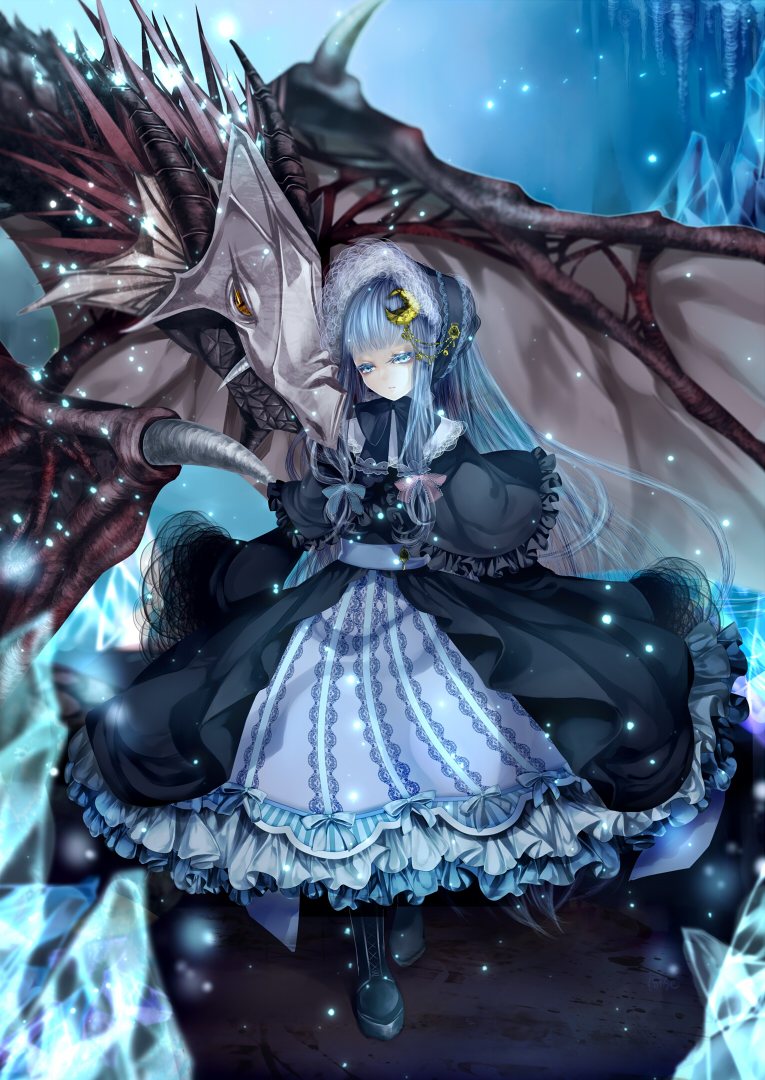alternate_costume bad_id bad_pixiv_id boots capelet crescent dragon dress fang frills gothic_lolita hair_ornament lolita_fashion long_hair patchouli_knowledge purple_eyes purple_hair silentdin solo touhou yellow_eyes