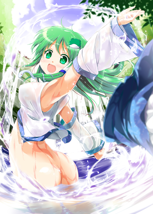 armpits ass blush bottomless breasts detached_sleeves forest frog_hair_ornament green_eyes green_hair hair_ornament hair_tubes kochiya_sanae large_breasts leaf long_hair nature open_mouth porurin skirt skirt_removed smile snake_hair_ornament solo standing touhou wading