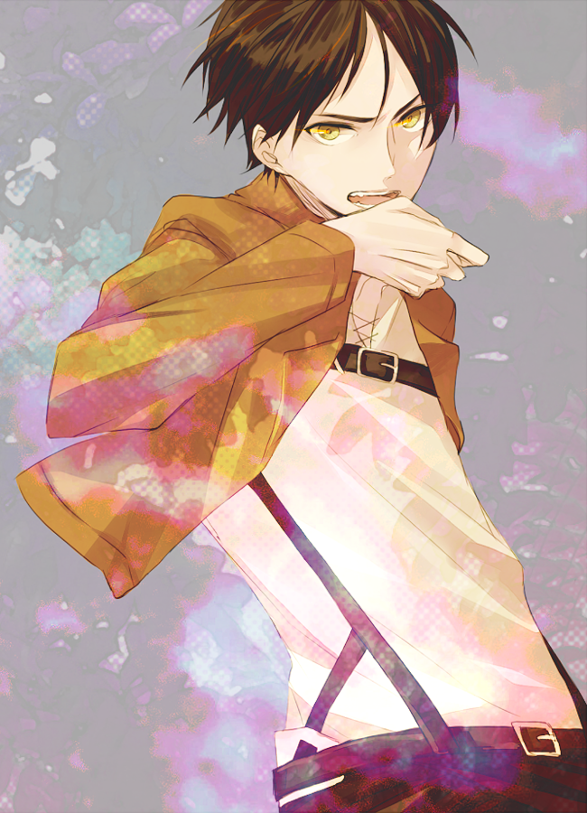 :d belt brown_hair buckle eren_yeager jacket looking_at_viewer male_focus open_mouth pants parted_lips shala_(lsxia3280) shingeki_no_kyojin smile solo suspenders v-shaped_eyebrows yellow_eyes