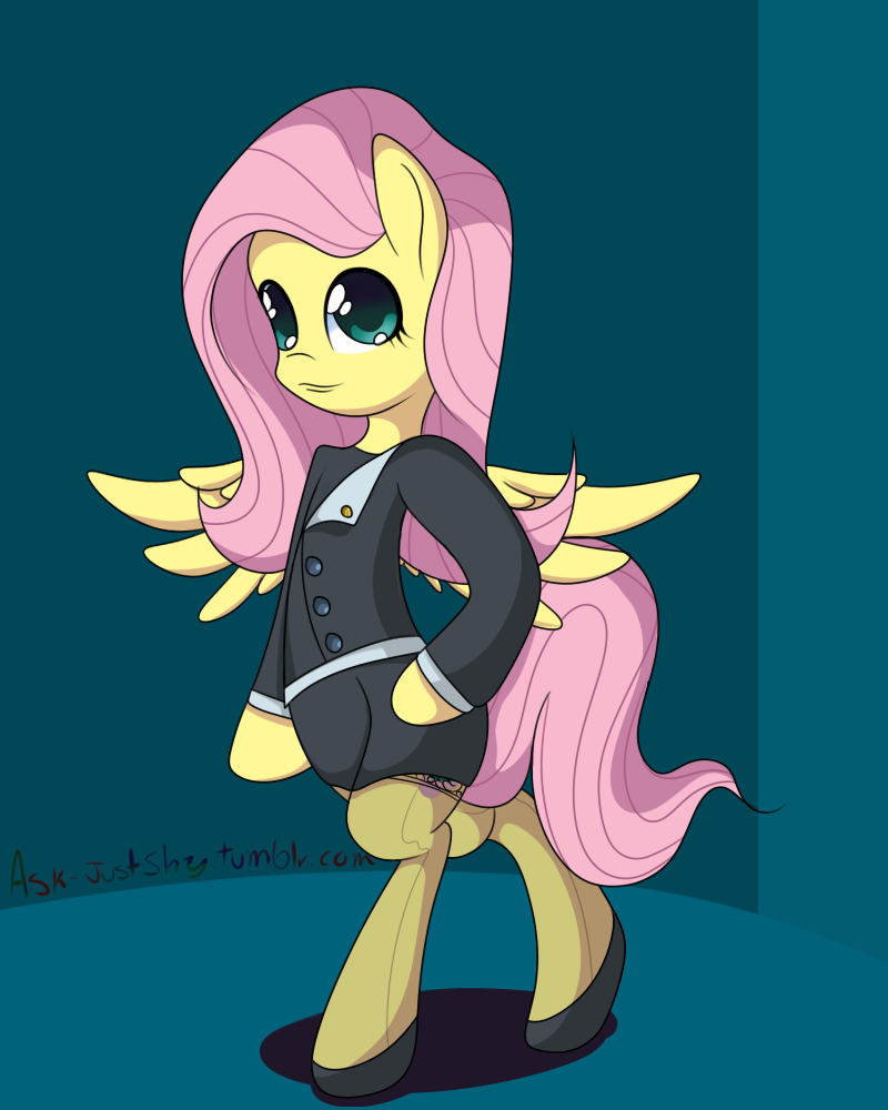 blue_eyes equine female flailingandflailing fluttershy_(mlp) friendship_is_magic fur hair horse legwear mammal mane my_little_pony pegasus pink_hair pony simple_background solo stockings suit wings yellow_fur