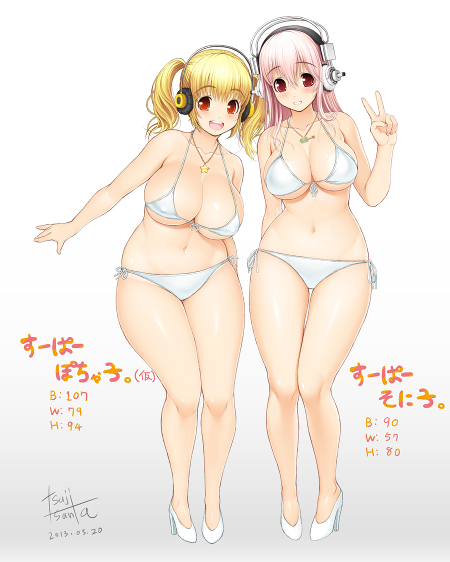 :d artist_name bikini blonde_hair breasts dated front-tie_top guitar headphones high_heels huge_breasts instrument jewelry large_breasts long_hair multiple_girls navel necklace nitroplus no_socks open_mouth pink_hair plump red_eyes shoes short_twintails side-tie_bikini signature smile star stats super_pochaco super_sonico swimsuit thick_thighs thighs tsuji_santa twintails v wide_hips