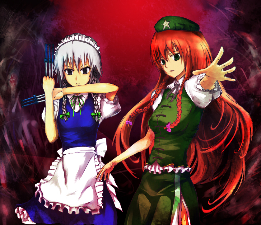 blue_eyes braid cala_(artist) chinese_clothes hair_ribbon hat hong_meiling izayoi_sakuya knife long_hair maid_headdress multiple_girls outstretched_hand red_hair ribbon silver_hair touhou twin_braids very_long_hair