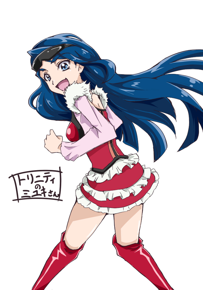 blue_eyes blue_hair boots chinen_miyuki corset cosplay fresh_precure! glasses long_hair looking_at_viewer minazuki_karen miyuki_(fresh_precure!) miyuki_(fresh_precure!)_(cosplay) open_mouth precure red_skirt shirt simple_background skirt smile solo sunglasses taroimo_(takesan) thigh_boots thighhighs white_background yes!_precure_5