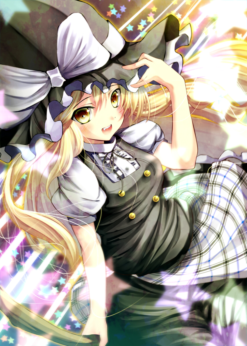 apron black_dress blonde_hair bow dress hand_on_headwear haruno_nanakusa hat hat_bow kirisame_marisa long_hair looking_at_viewer open_mouth puffy_sleeves short_sleeves smile solo star touhou waist_apron white_bow witch_hat yellow_eyes