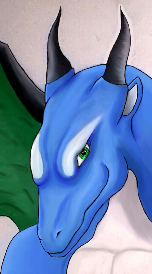 blue_dragon dragon green_eyes horn invalid_color looking_at_viewer male smile solo wings