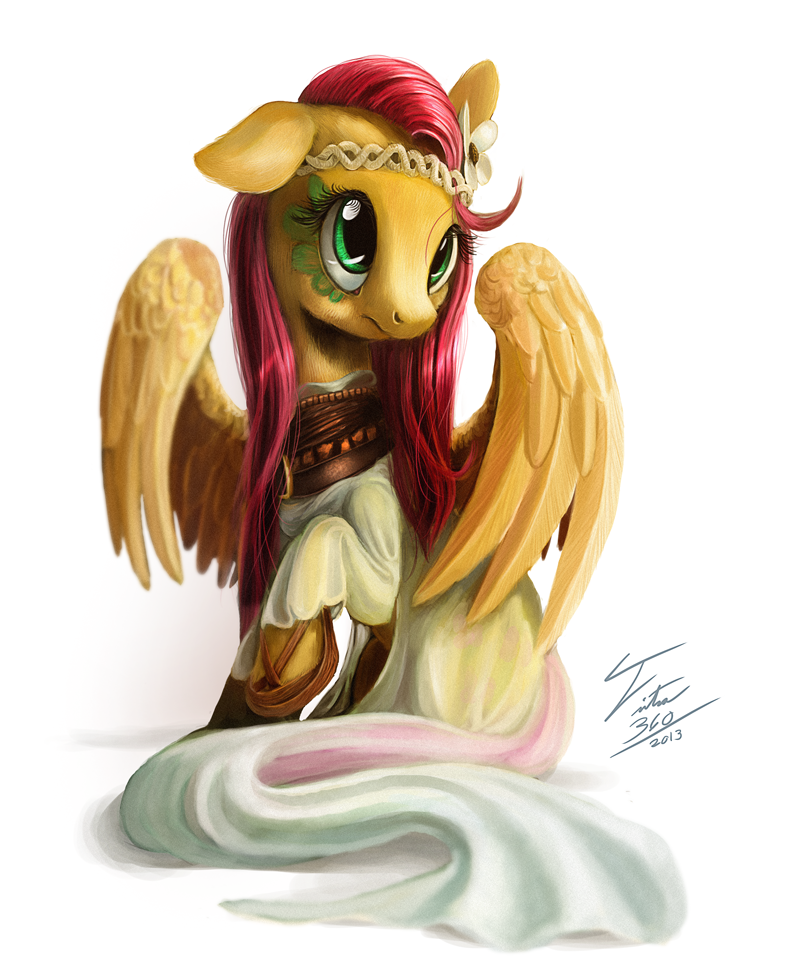 clothed clothing equine female feral fluttershy_(mlp) friendship_is_magic fur green_eyes hair hippie horse mammal my_little_pony pegasus pink_hair pony signature sitting solo tsitra360 wings yellow_fur