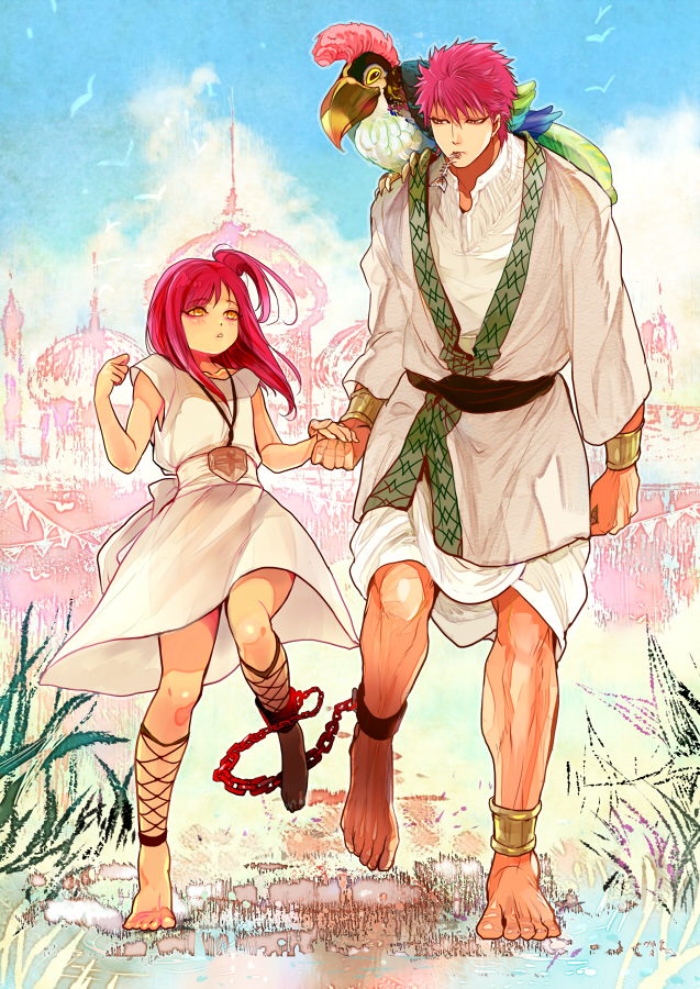 1girl alternate_eye_color animal animal_on_shoulder ankle_lace-up anklet barefoot bird bird_on_shoulder blush bracelet chain chained cross-laced_footwear cuffs dress fish height_difference holding_hands jewelry jobo_(isi88) magi_the_labyrinth_of_magic masrur morgiana one_side_up palace pendant red_hair sash shackles short_hair skeleton walking yellow_eyes