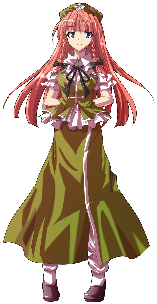 alphes_(style) arms_behind_back bad_id bad_pixiv_id blue_eyes braid breasts chinese_clothes dairi full_body hair_ribbon hat highres hong_meiling large_breasts long_hair looking_at_viewer pants parody puffy_sleeves red_hair ribbon shirt short_sleeves skirt skirt_set smile solo star style_parody touhou transparent_background twin_braids very_long_hair vest