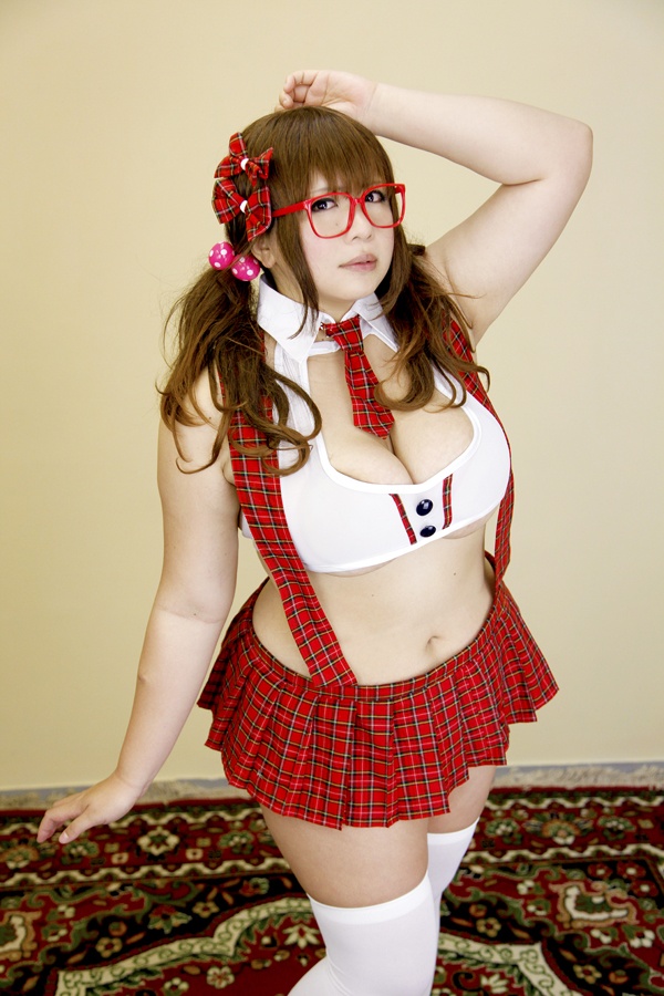 1girl asian breasts brown_hair chouzuki_maryou cleavage glasses large_breasts photo plump solo
