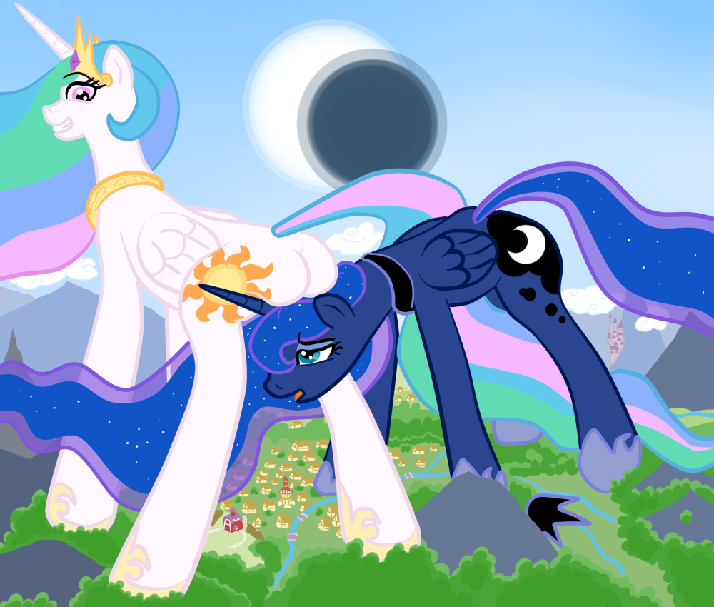 blue_eyes blue_hair building butt crown cutie_mark duo equine female feral friendship_is_magic giant grin hair horn horse khorme looking_back mammal multi-colored_hair my_little_pony outside pink_eyes pony princess princess_celestia_(mlp) princess_luna_(mlp) royalty sibling sisters winged_unicorn wings