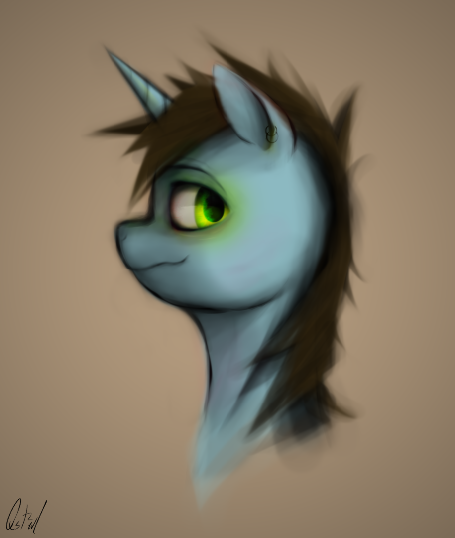 ambiguous_gender brown_background brown_hair bust ear_piercing equine friendship_is_magic fur green_eyes grey_fur hair horn horse looking_at_viewer mammal my_little_pony original_character piercing plain_background pony qsteel signature solo unicorn