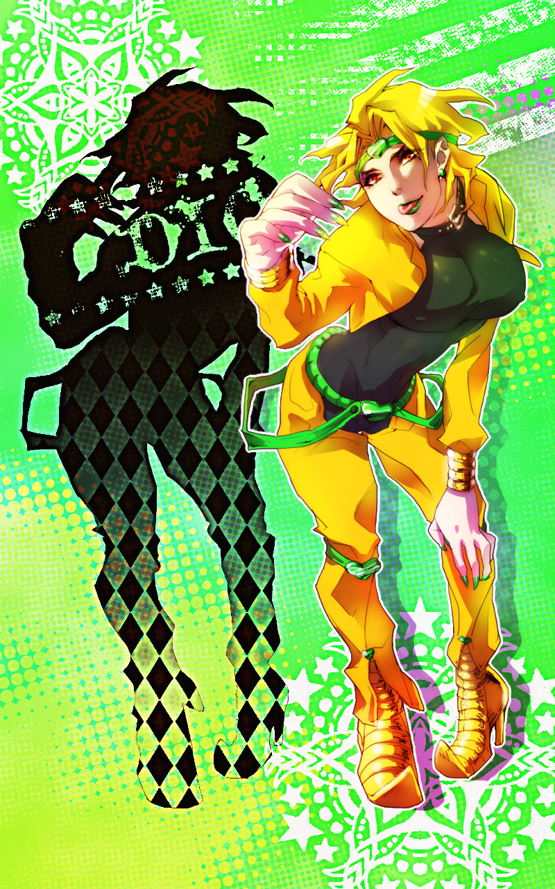blonde_hair breasts covered_nipples dio_brando eyeshadow genderswap high_heels highres jojo_no_kimyou_na_bouken large_breasts lipstick makeup nail_polish red_eyes shoes silhouette solo tit_horse tongue