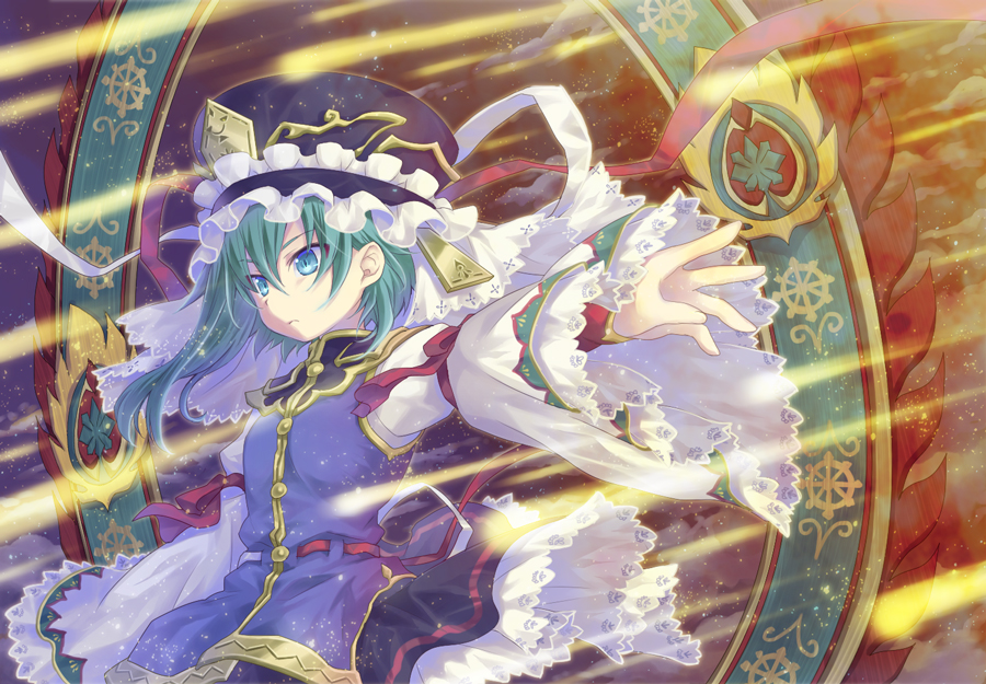 armband asymmetrical_hair blue_eyes embellished_costume frills green_hair hat light_particles long_sleeves outstretched_arm shiki_eiki short_hair solo soukuu_kizuna touhou wide_sleeves wind