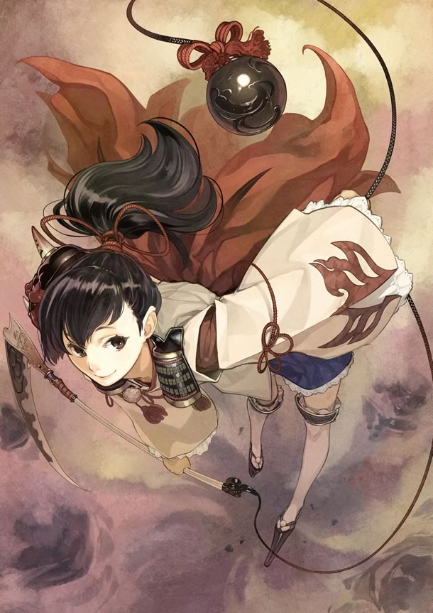 bent_over black_hair brown_eyes cape foreshortening from_above full_body hatsuho hidari_(left_side) long_hair looking_at_viewer looking_up platform_footwear ponytail reverse_grip smile solo standing tareme thighhighs toukiden weapon white_legwear