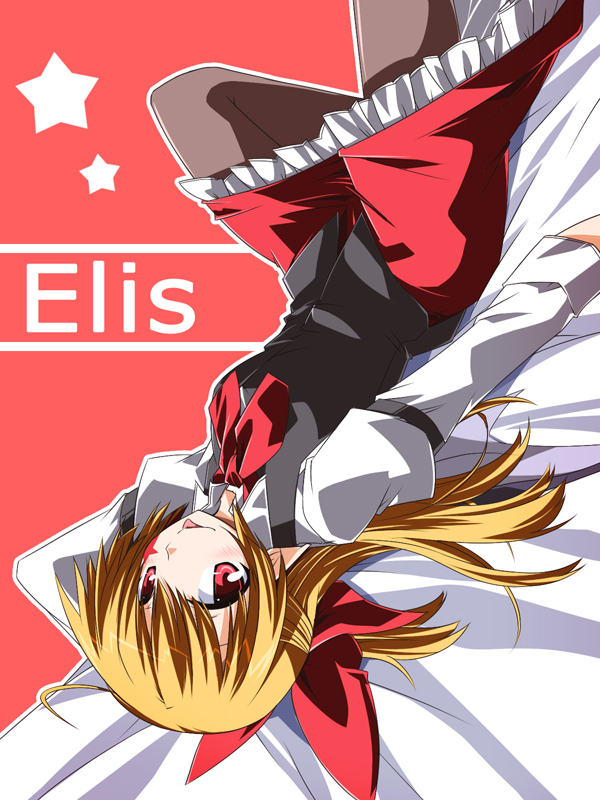 :p armband ascot blonde_hair bow character_name dress_shirt elis_(touhou) facial_mark hair_bow hemogurobin_a1c knee_up long_sleeves looking_at_viewer lying on_back on_bed pantyhose pointy_ears ponytail red_background red_eyes shirt short_hair skirt solo star tongue tongue_out touhou touhou_(pc-98) upside-down vest