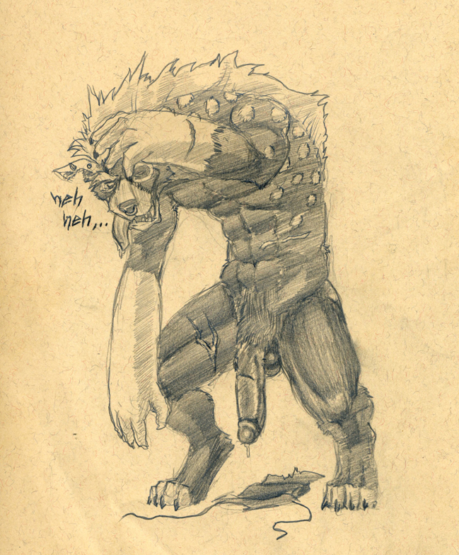 anthro balls biceps big_penis body_markings claws dripping ear_piercing erection facial_piercing fangs flaccid fur gnoll hair humanoid_penis leaking loincloth male markings muscles nose_piercing nose_ring nude pecs penis piercing pose precum presenting saliva scar sheath sketch solo spots standing teeth toe_claws tongue tongue_out tush underwear vein