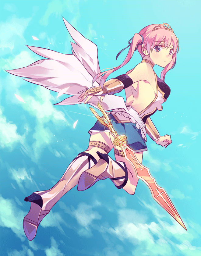 bad_id bad_pixiv_id bare_back bare_shoulders blue_eyes blue_sky blush boots cloud collar day detached_sleeves dress elbow_gloves fingerless_gloves gauntlets gloves kimino_tomonari long_hair looking_back original pink_hair ribbon sky solo sword tiara twintails weapon