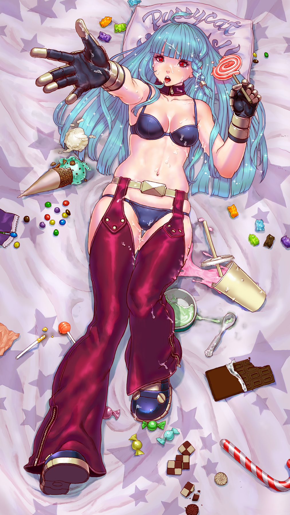 belt blue_hair blush bra candy chaps cum cum_on_body cum_on_clothes cum_on_hair cum_on_lower_body daichan_mona facial food gloves highres hime_cut kula_diamond lollipop long_hair lying navel open_mouth panties red_eyes shoes skindentation solo the_king_of_fighters tongue tongue_out underwear