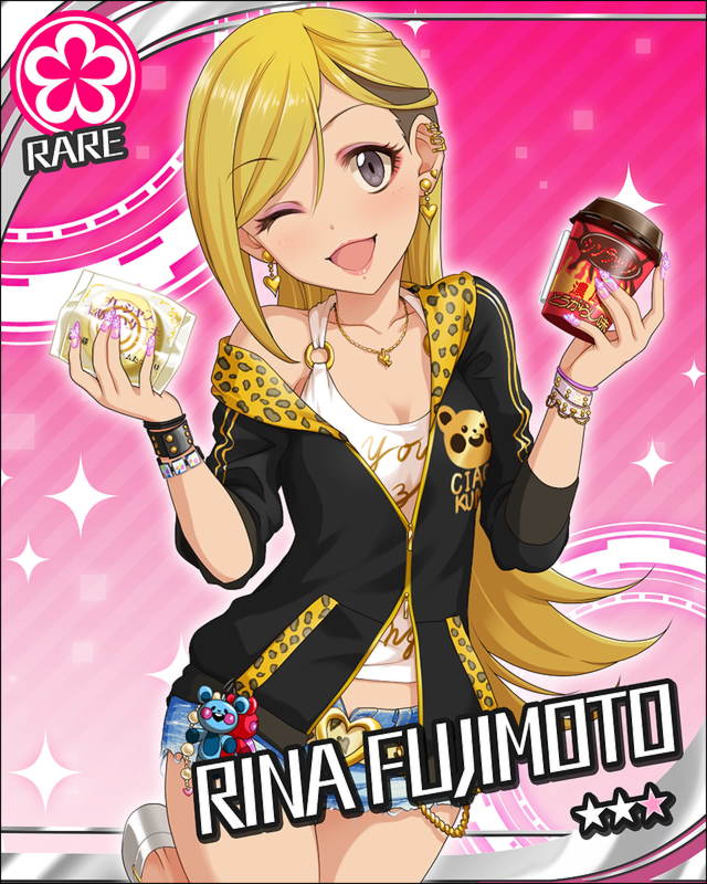artist_request blonde_hair card_(medium) character_name earrings flower_(symbol) fujimoto_rina grey_eyes idolmaster idolmaster_cinderella_girls jewelry long_hair nail_polish necklace official_art one_eye_closed pink_background sleeves_pushed_up solo