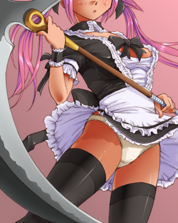 airi_(queen's_blade) apron black_dress black_legwear blush bow bowtie dr_rex dress head_out_of_frame lace lace-trimmed_panties maid panties pantyshot pink_hair queen's_blade scythe solo thighhighs underwear white_panties
