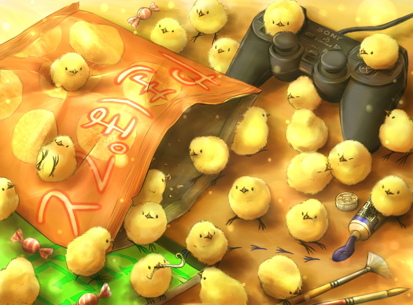 bag bird candy chick controller crumbs food footprints game_controller gamepad no_humans original paint paint_tube paintbrush too_many too_many_birds too_many_chicks yoshiyanmisoko