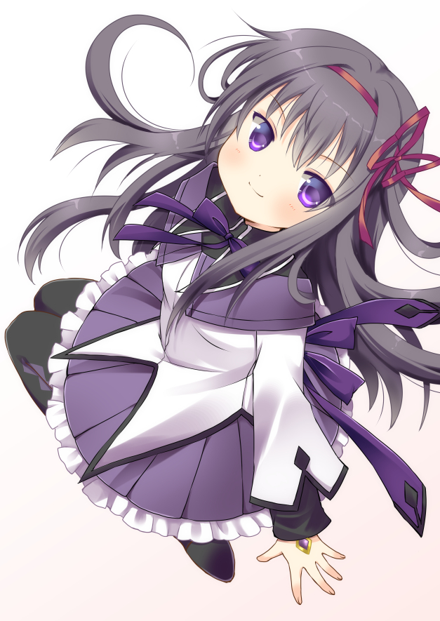 akemi_homura black_hair blush gradient gradient_background hair_ribbon long_hair looking_at_viewer magical_girl mahou_shoujo_madoka_magica oumi_neneha pantyhose purple_eyes ribbon skirt smile solo