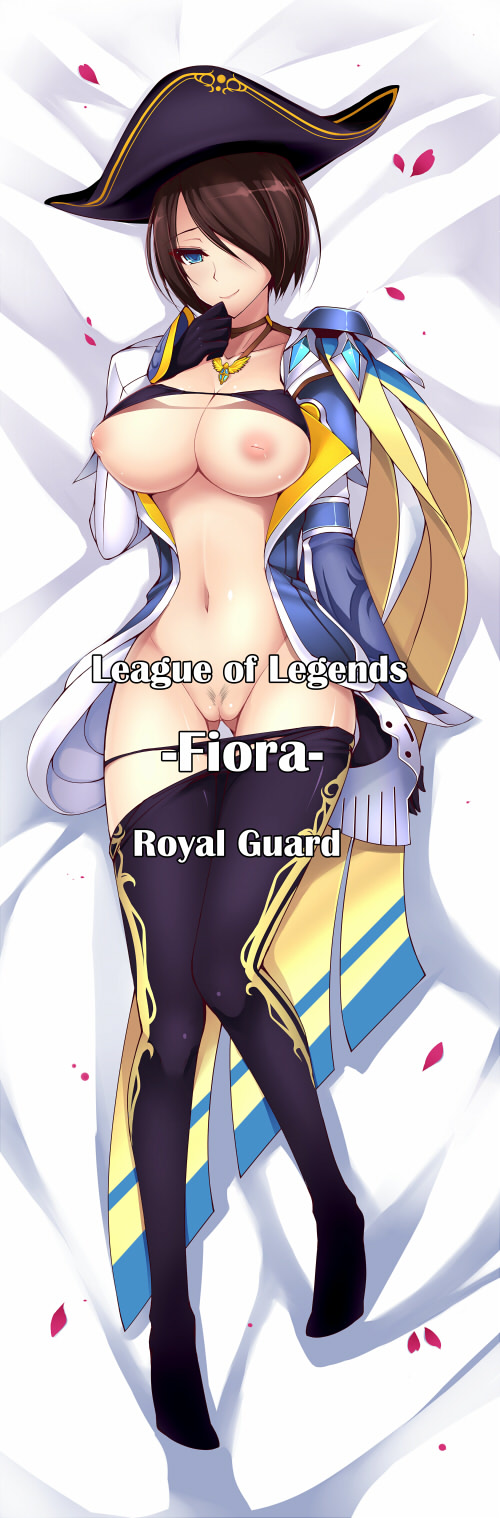 alternate_costume bed bicorne blue_eyes breasts brown_hair dakimakura dean fiora_laurent gloves hair_over_one_eye hat highres inverted_nipples large_breasts league_of_legends long_image lying nipples on_back pantyhose petals pussy revision royal_guard_fiora short_hair smile solo tall_image