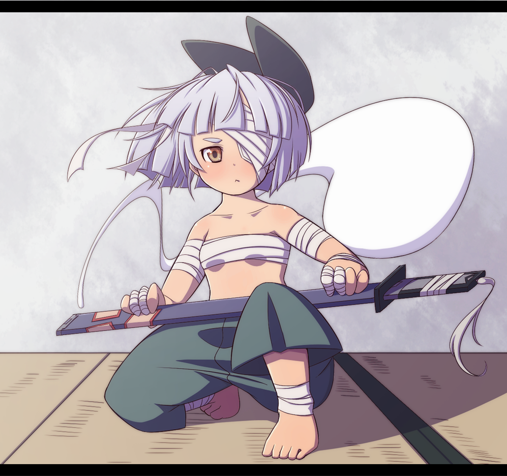 :&lt; bad_id bad_pixiv_id bandages barefoot blush brown_eyes flat_chest ghost hair_ornament hairband konpaku_youmu konpaku_youmu_(ghost) mimiru_(mimill) short_hair silver_hair solo sword touhou weapon