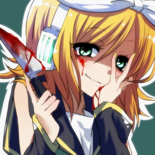 blonde_hair blood blood_on_face blood_on_knife blue_eyes bow headphones kagamine_rin knife lowres short_hair solo vocaloid yandere