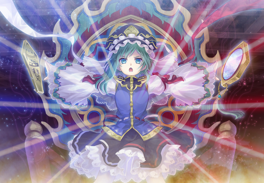 armband asymmetrical_hair blue_eyes cleansed_crystal_mirror embellished_costume frills green_hair hat holding long_sleeves looking_at_viewer open_mouth outstretched_arms ribbon rod_of_remorse shiki_eiki shirt short_hair skirt solo soukuu_kizuna touhou wide_sleeves