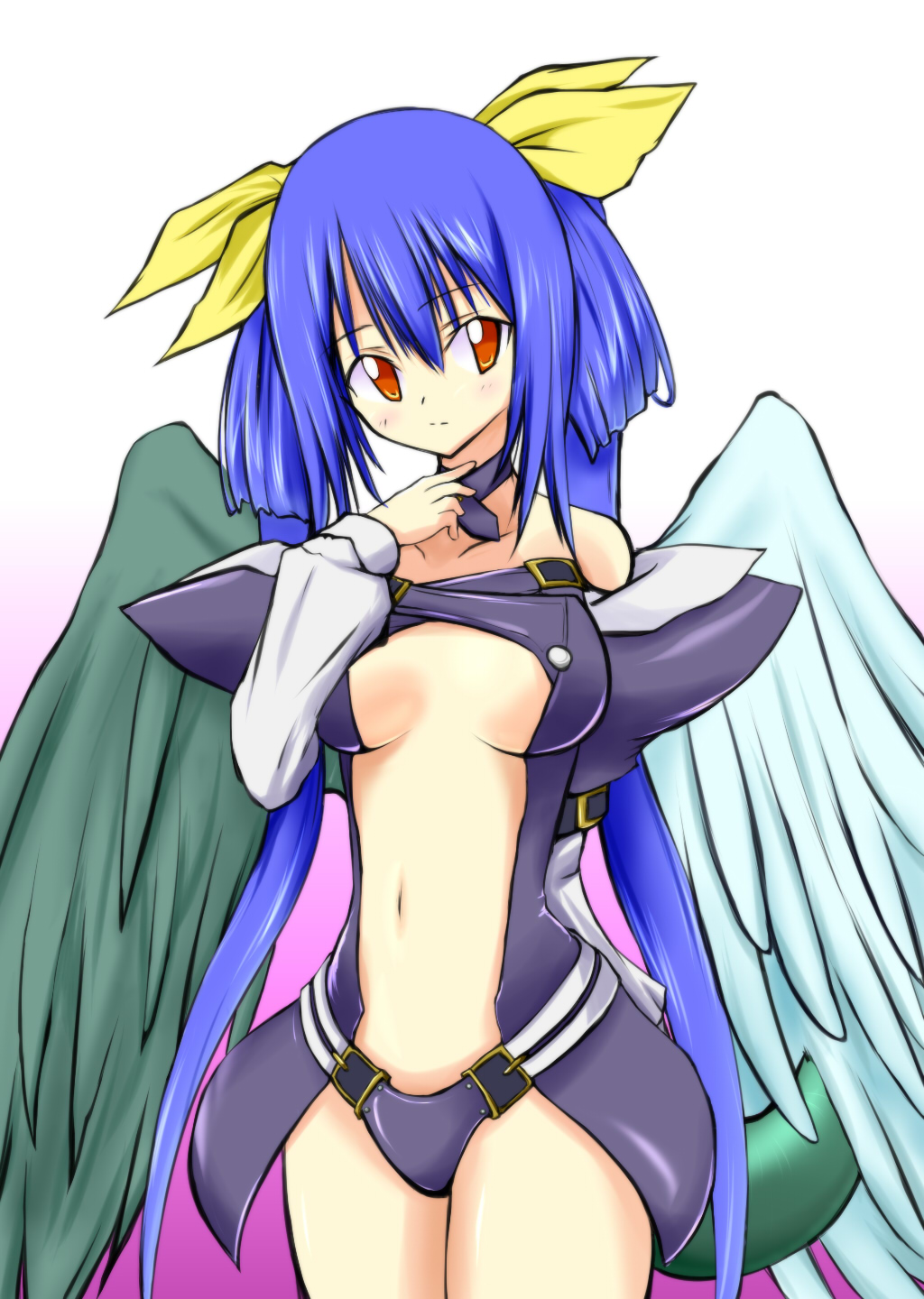asymmetrical_wings bare_shoulders blue_hair blush breasts center_opening choker detached_sleeves dizzy guilty_gear highres hinokuro large_breasts long_hair navel panties red_eyes solo tail twintails underwear very_long_hair wings