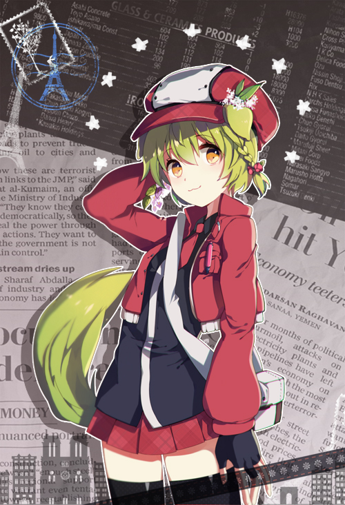animal_ears bad_id bad_pixiv_id dasulchan green_hair hat looking_at_viewer newspaper original skirt smile solo tail thighhighs