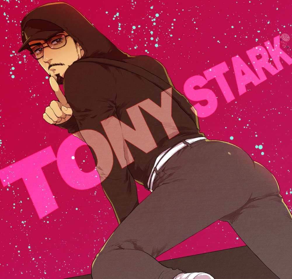 ass bad_id bad_pixiv_id black_hair casual character_name crawling fabulous facial_hair finger_to_mouth hood hoodie male_focus marvel mustache solo sunglasses suzuki_tsuta tony_stark