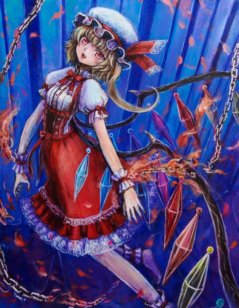 blonde_hair chain crystal dress dress_shirt flandre_scarlet hat hat_ribbon oil_painting_(medium) petals puffy_sleeves red_eyes ribbon shirt side_ponytail solo tafuto touhou traditional_media wings wrist_cuffs