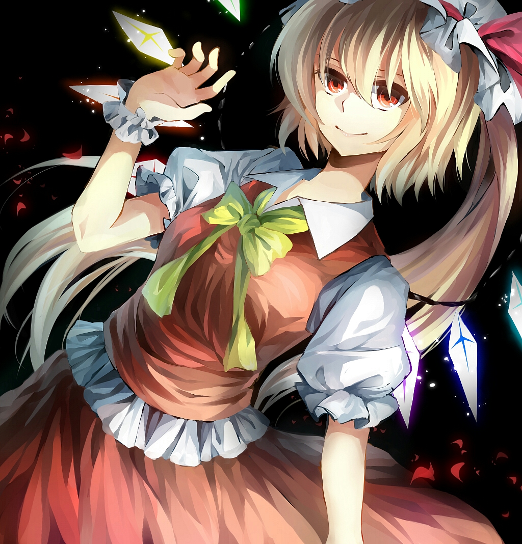 blonde_hair bow darkness flandre_scarlet fuuna_(conclusion) glowing glowing_wings hat hat_ribbon petals red_eyes ribbon shirt side_ponytail skirt skirt_set smile solo touhou vest wings wrist_cuffs
